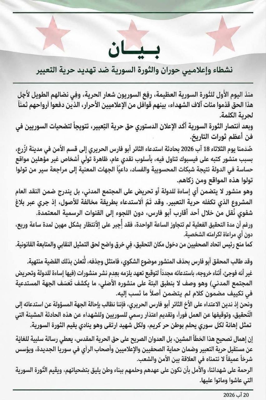 بيان في درعا يحذر من التضييق على حرية التعبير بعد استدعاء ناشط بسبب منشور