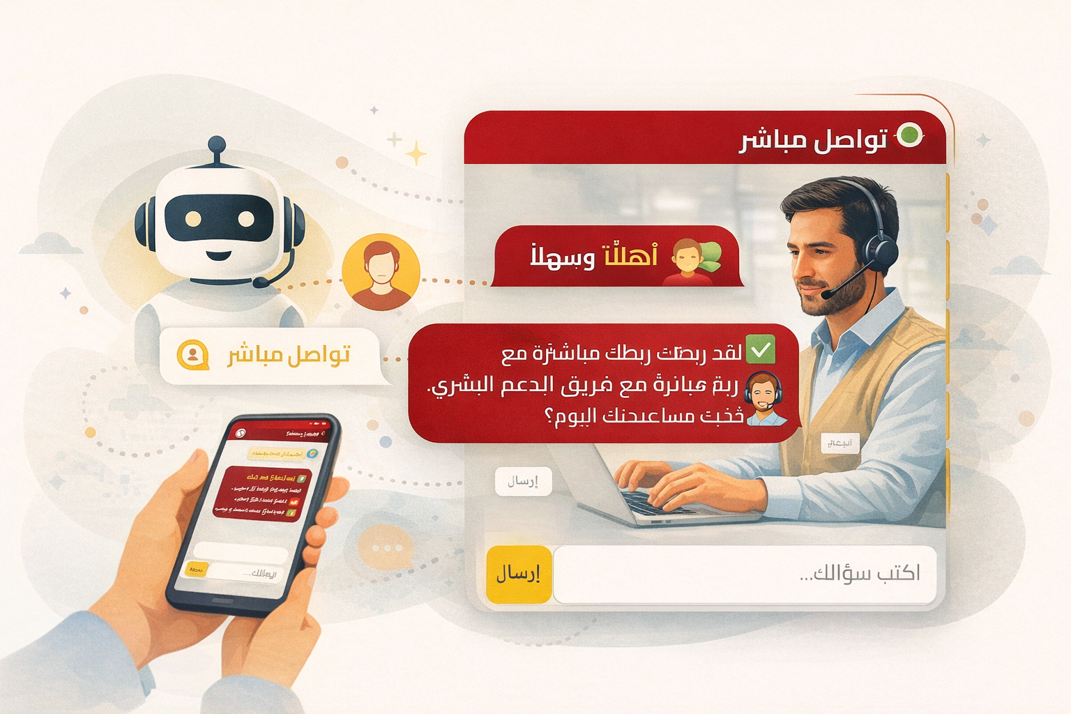 تفعيل التواصل المباشر مع فريق الدعم البشري عبر المساعد الذكي